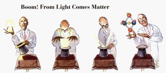 Cartoon of white-lab-coated fellow
transforming an amorphous glow into some sort of structure with the
aid of a magician's hat.